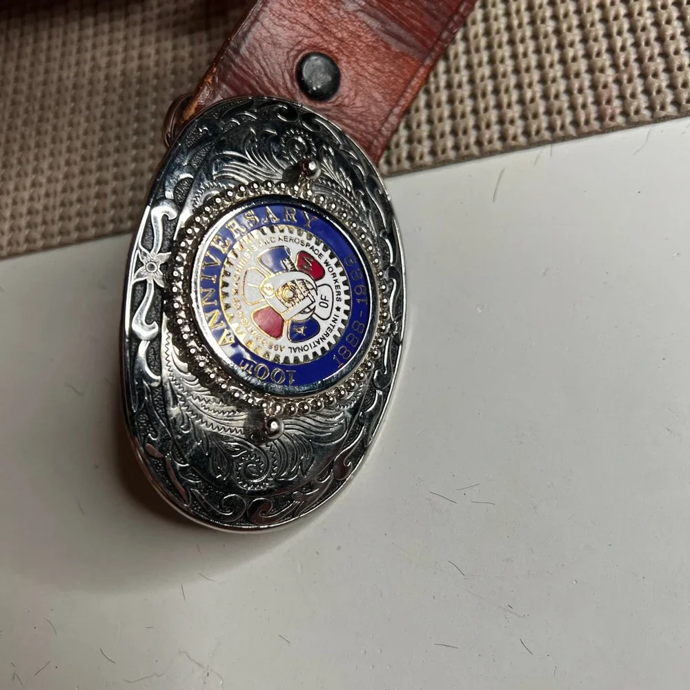 Vintage IAMAW 100th Anniversary Union Belt Buckle Brown Tooled Leather Belt 34